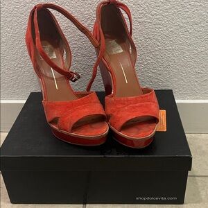 Dolce Vita Coral-Orange Suede Platform Ankle Strap Sandals